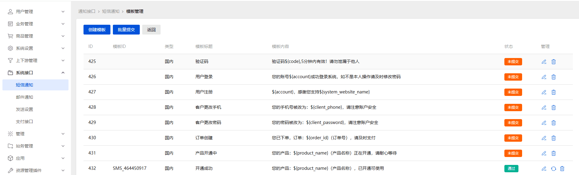 配置好短信接口后，点击第二个按钮对模板进行管理界面截图