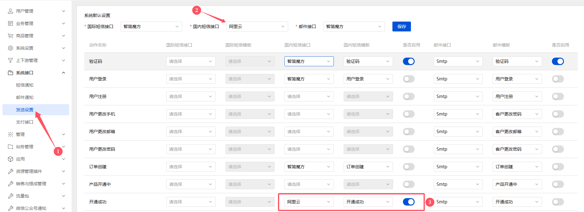 进入发送设置，我们系统默认设置国内短信接口选择阿里云界面截图
