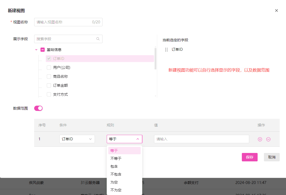 \视图功能：\可以选择显示的视图，以及新建视图界面截图