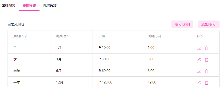 费用设置，根据业务场景进行设置即可界面截图