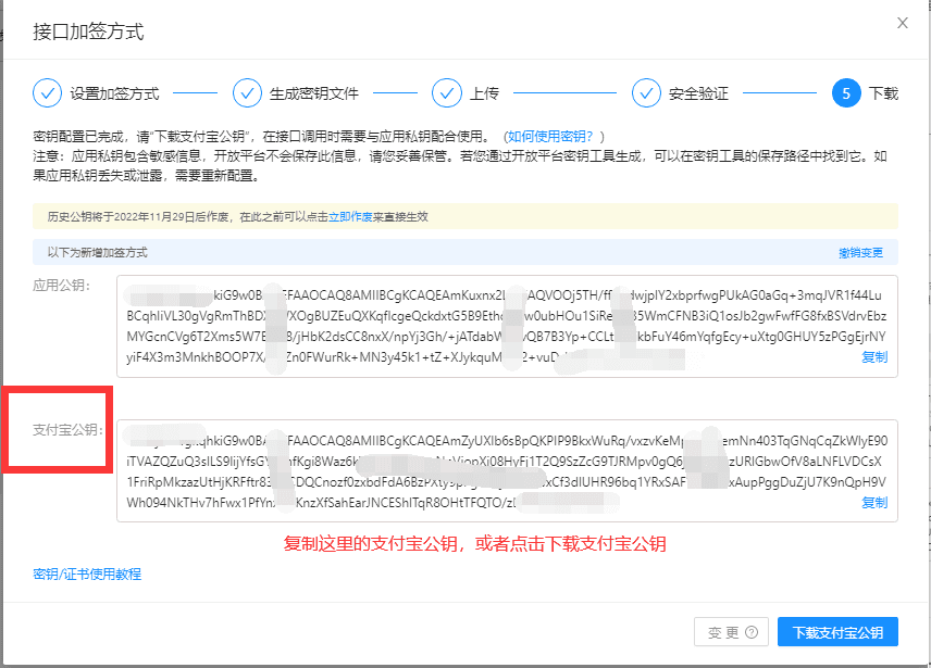 获取支付宝公钥：支付宝网页支付获取 Alipay 公钥界面截图