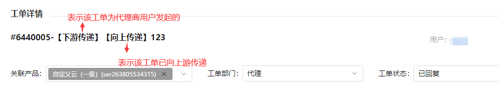 工单标题带有“下游传递”字样，则表示该工单为代理商用户发起界面截图
