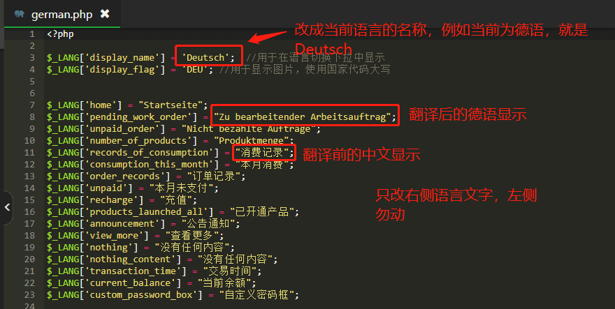 注意：不要更改语言参数名称，只能更改每行单引号中包含的单词或短语界面截图
