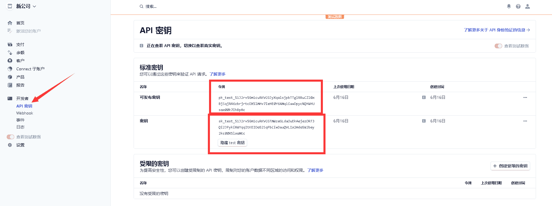 二、左侧导航开发者获取 API 密钥（pk 开头的为 cli相关操作界面截图