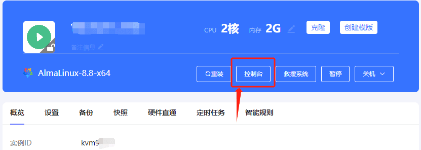 进入实例列表页面，点击实例的主机名，进入实例内页，点击控制台，如下界面截图