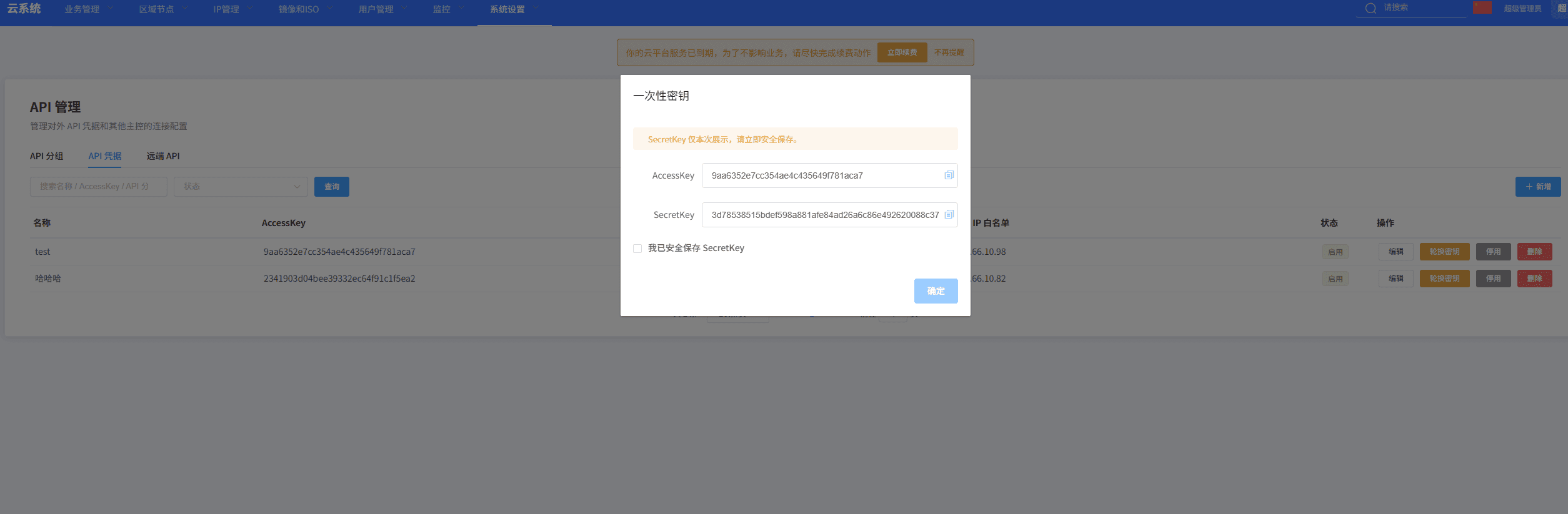 保存生成的 API 密钥信息