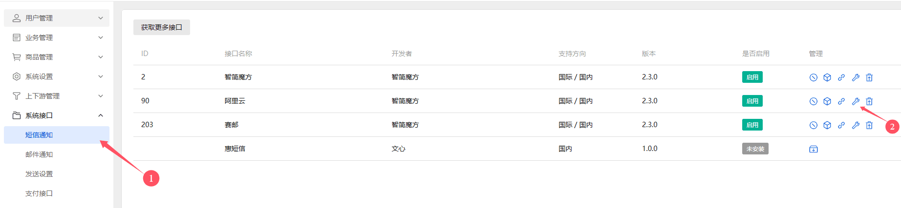 前往业务系统后台:短信通知--->阿里云短信接口配置界面截图