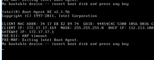 pxe 启动获取到了 ip,提示 arp timeout界面截图