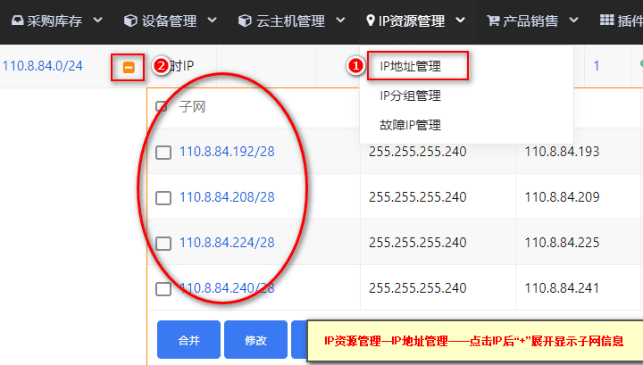 当 IP 段划分为子网时,添加非完整或删除子网及 IP 后界面截图