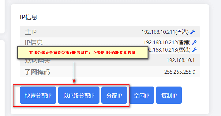 ②找到 IP 信息栏,点击快速分配 IP 进行批量分配 IP 地址界面截图