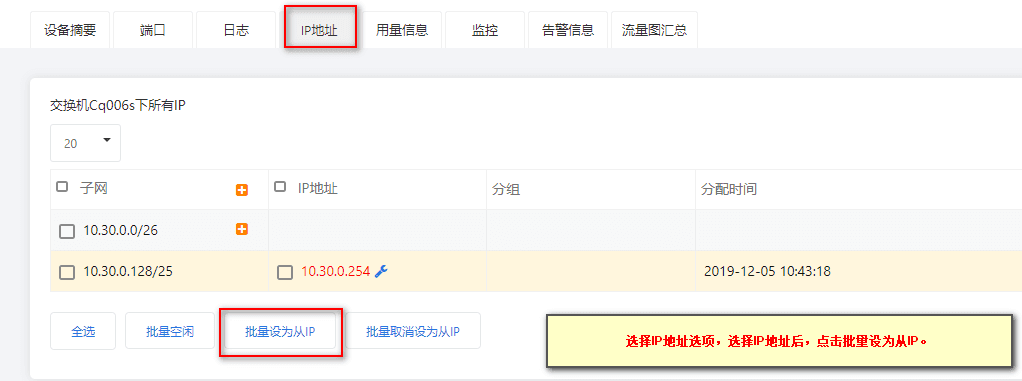 ②选择 IP 地址,点击 IP 地址批量设置为从 IP界面截图