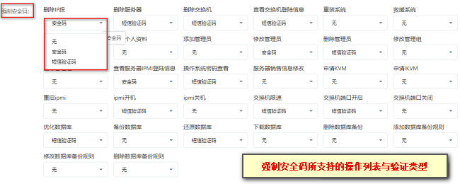 在【强制安全码】栏中提供部分操作可支持该功能,并有三种验证类型供其使用界面截图
