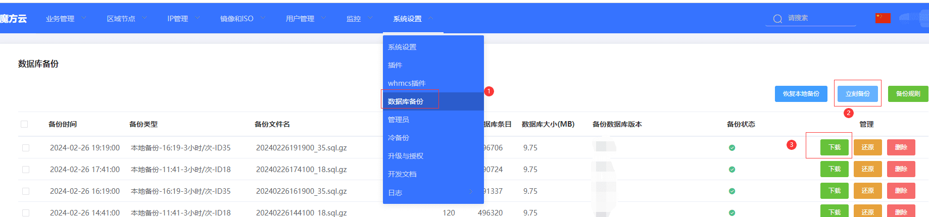 获取方式一:web 面板,手动备份,手动下载(适用于常规情况)界面截图
